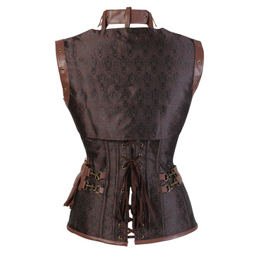 Grebrafan Steampunk Corset Brocade Pirate Boned Bustiers with Jacket and Belt