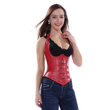 Grebrafan Steampunk Corsets Neck Halter Clubwear Underbust Faux Leather Steel Boned Bustier