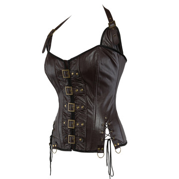 Grebrafan Steampunk Overbust Corset Faux Leather Bustier Clubwear Strap Women