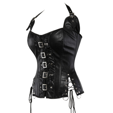 Grebrafan Steampunk Overbust Corset Faux Leather Bustier Clubwear Strap Women