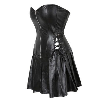 Grebrafan Women Leather Corset Dress Gothic Punk Zipper Bustier with Skirt