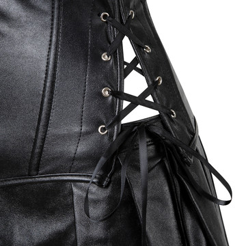 Grebrafan Women Leather Corset Dress Gothic Punk Zipper Bustier with Skirt