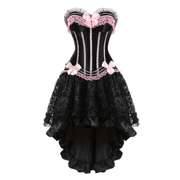 Corset Dress for Women Steampunk Gothic Striped Corselet Plus Size Push Up Bustier with Tutu Skirt Carnival Party Clubwear