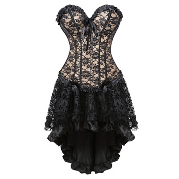 Corset and Skirt Steampunk Gothic Slimming Lace Overlay Bustier Dress Lace Up Boned Korsage Sexy Femme Carnival Party Clubwear