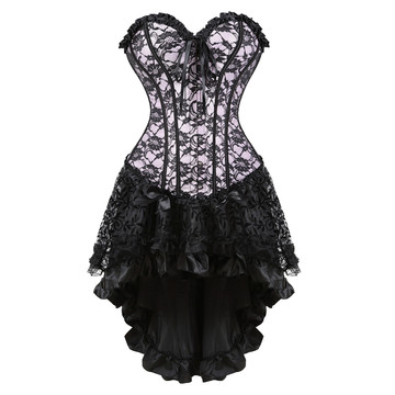 Corset and Skirt Steampunk Gothic Slimming Lace Overlay Bustier Dress Lace Up Boned Korsage Sexy Femme Carnival Party Clubwear