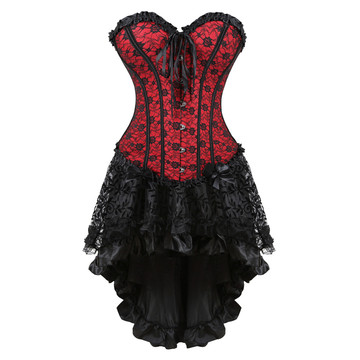Corset and Skirt Steampunk Gothic Slimming Lace Overlay Bustier Dress Lace Up Boned Korsage Sexy Femme Carnival Party Clubwear