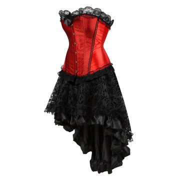 Steampunk Corset Skirt Women Overbust Lace Overlay Bustier Dress Satin Wedding Corselet Festival Rave Carnival Party Clubwear