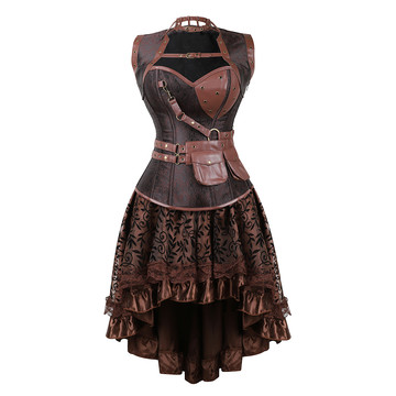 Steampunk Corset Skirt Brocade Bustiers Masquerade Party Dresses with Jacket and Belt Pirate Carnival Party Steel Boned Costumes