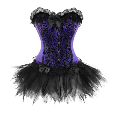 Corset Bustier with Mini Tutu Skirt Gothic Slimming Plus Size Lace Overlay Korsage Dress Carnival for Women Party Club Night